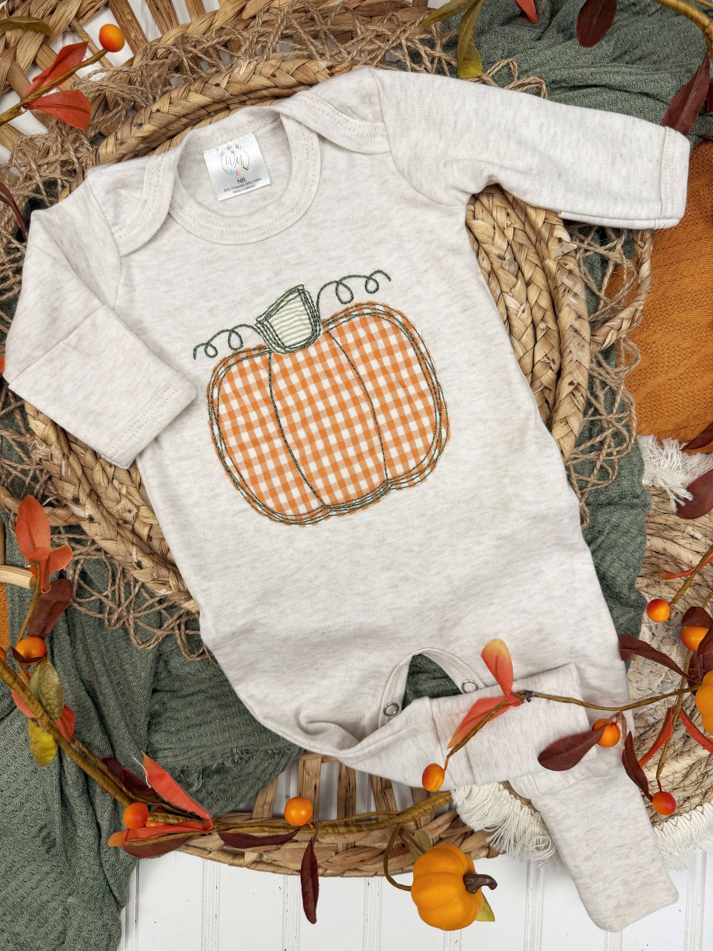 Pumpkin baby footie, fall outfit for baby, Halloween romper