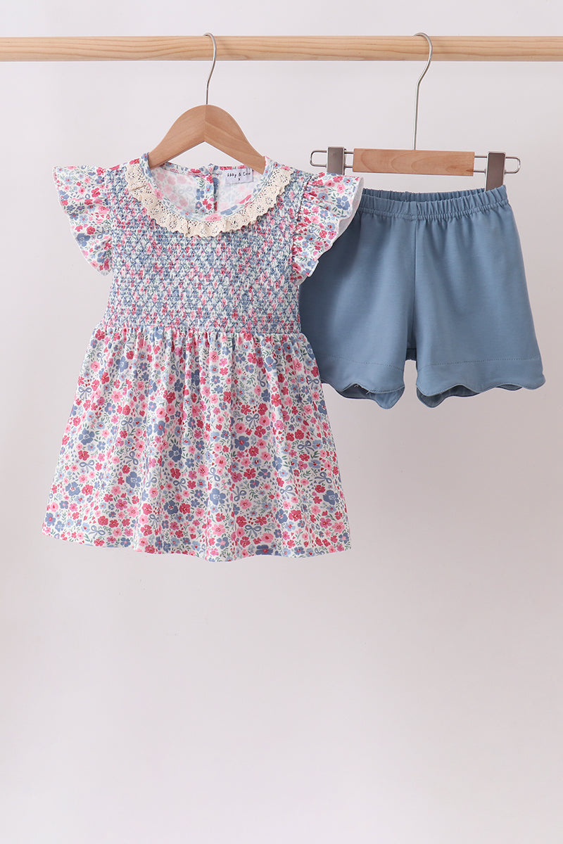 blue floral smocked short set