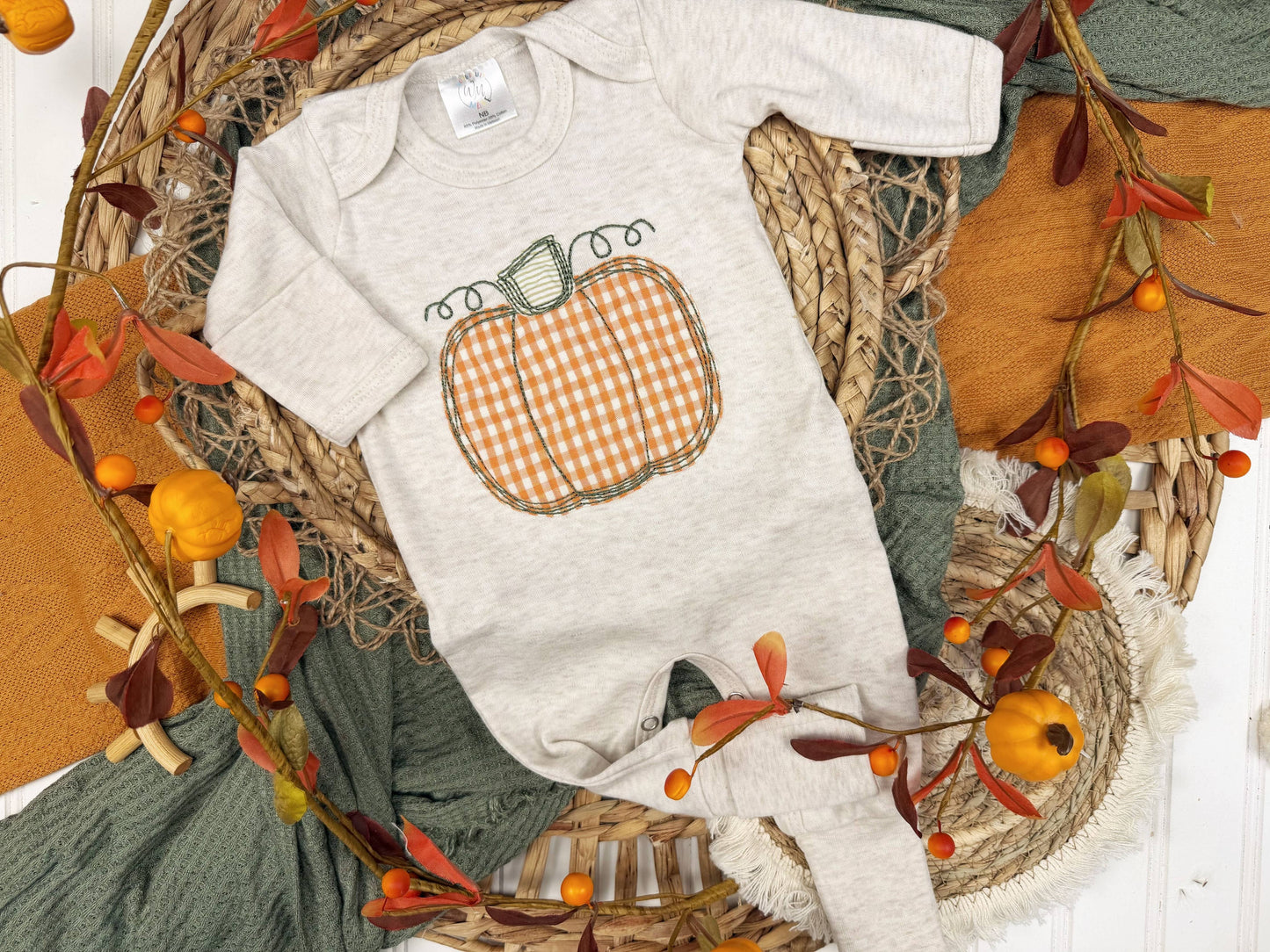Pumpkin baby footie, fall outfit for baby, Halloween romper