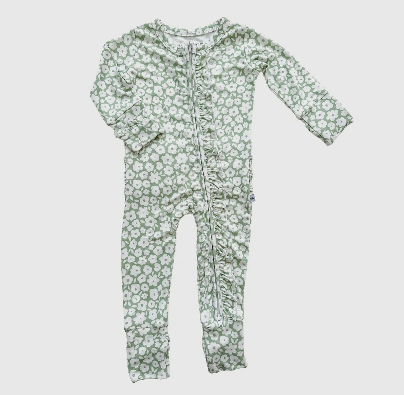sage floral bamboo ruffle butt footie